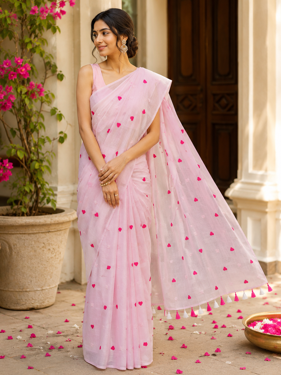 Baby Pink Heart Embroidered Mulmul Saree
