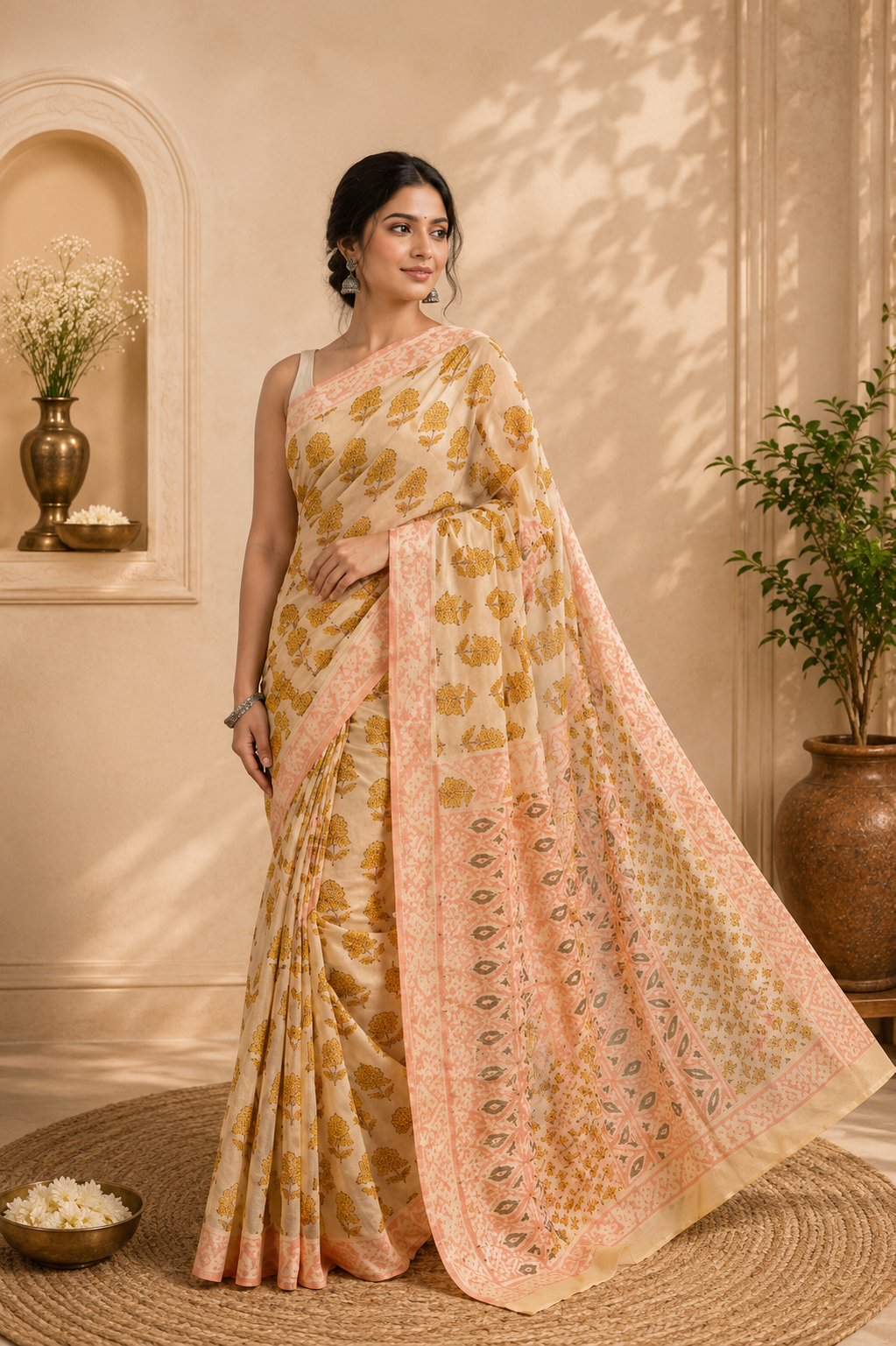 Beige Block Print Cotton Saree