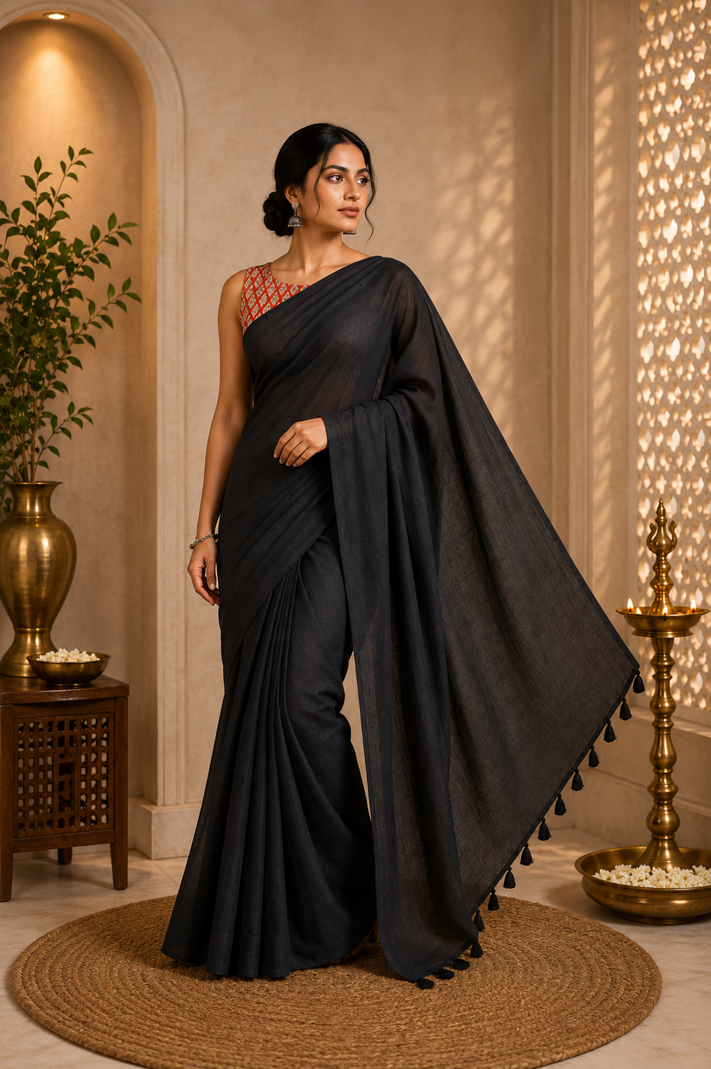 Black Plain Mulmul Saree
