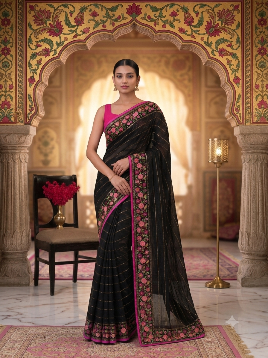 Black Embroidery Kota Doriya Saree