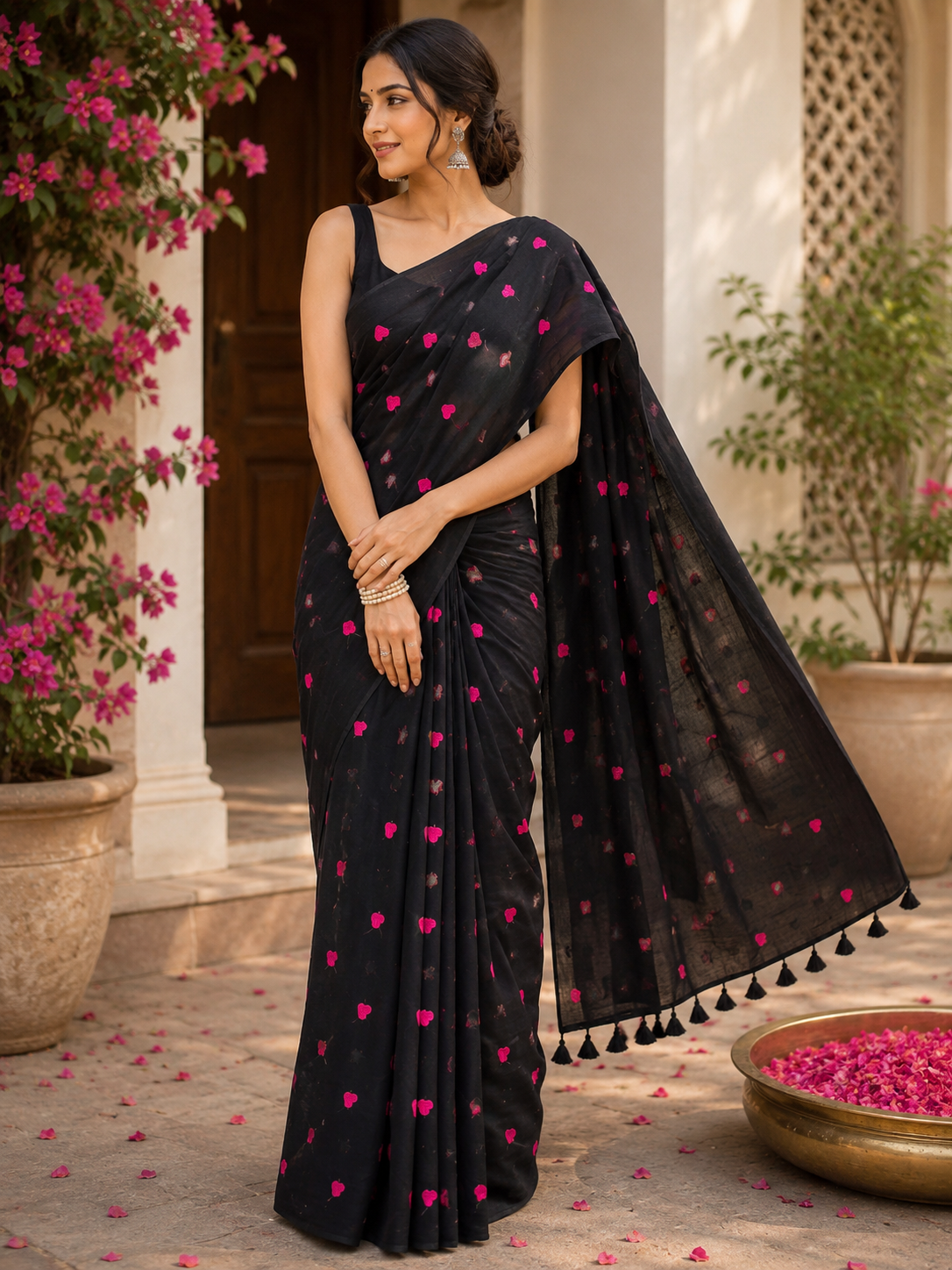 Black Pink Heart Embroidered Mulmul Saree