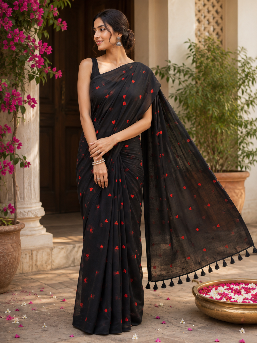Black Red Heart Embroidered Mulmul Saree