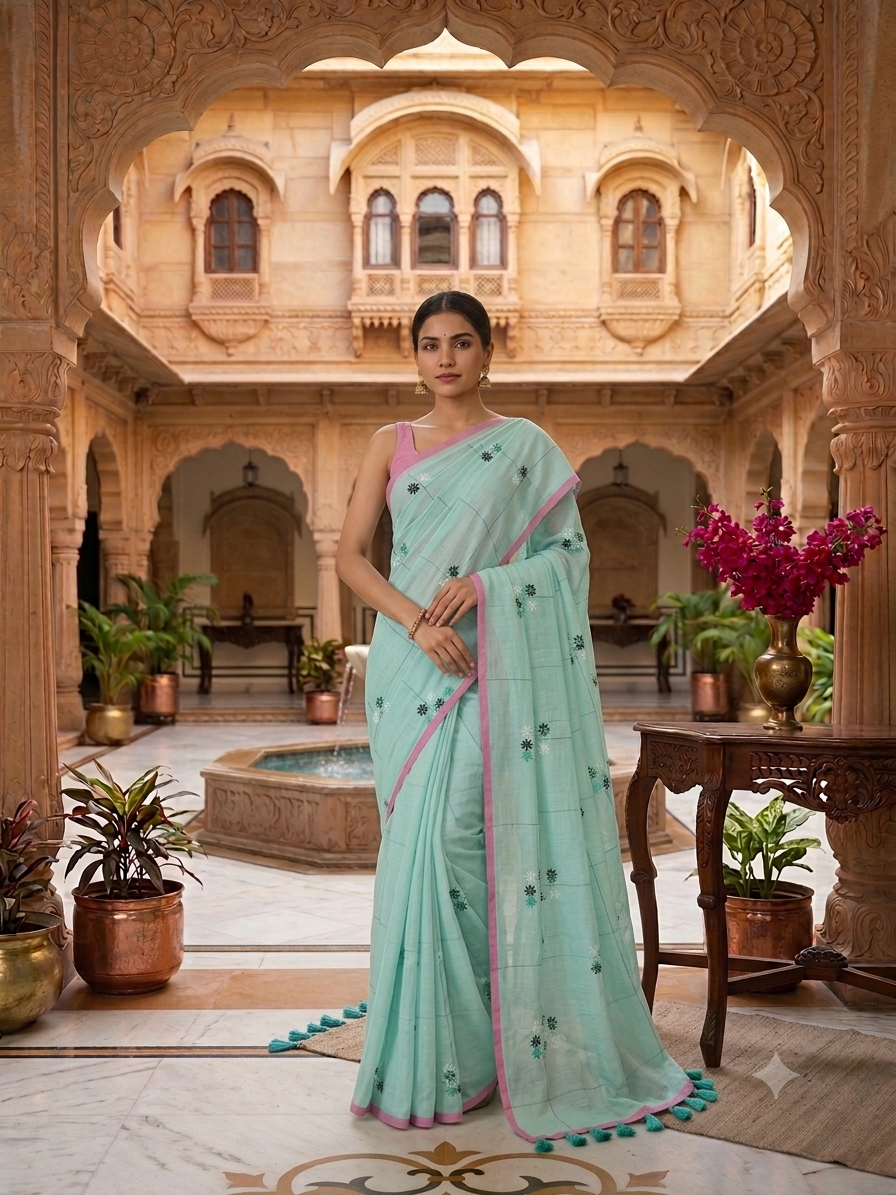 Blue Soft Cotton Embroidery Saree