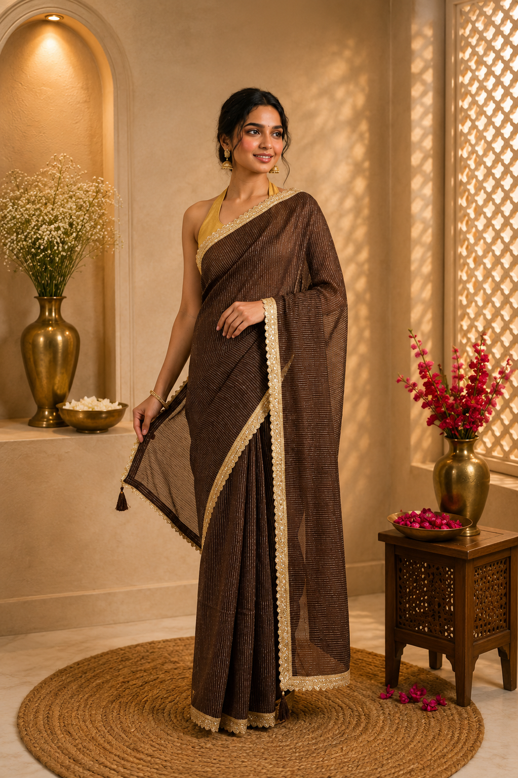 Brown Sitara Mulmul Saree