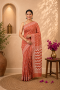 Burnt Red Block Print Cotton Saree