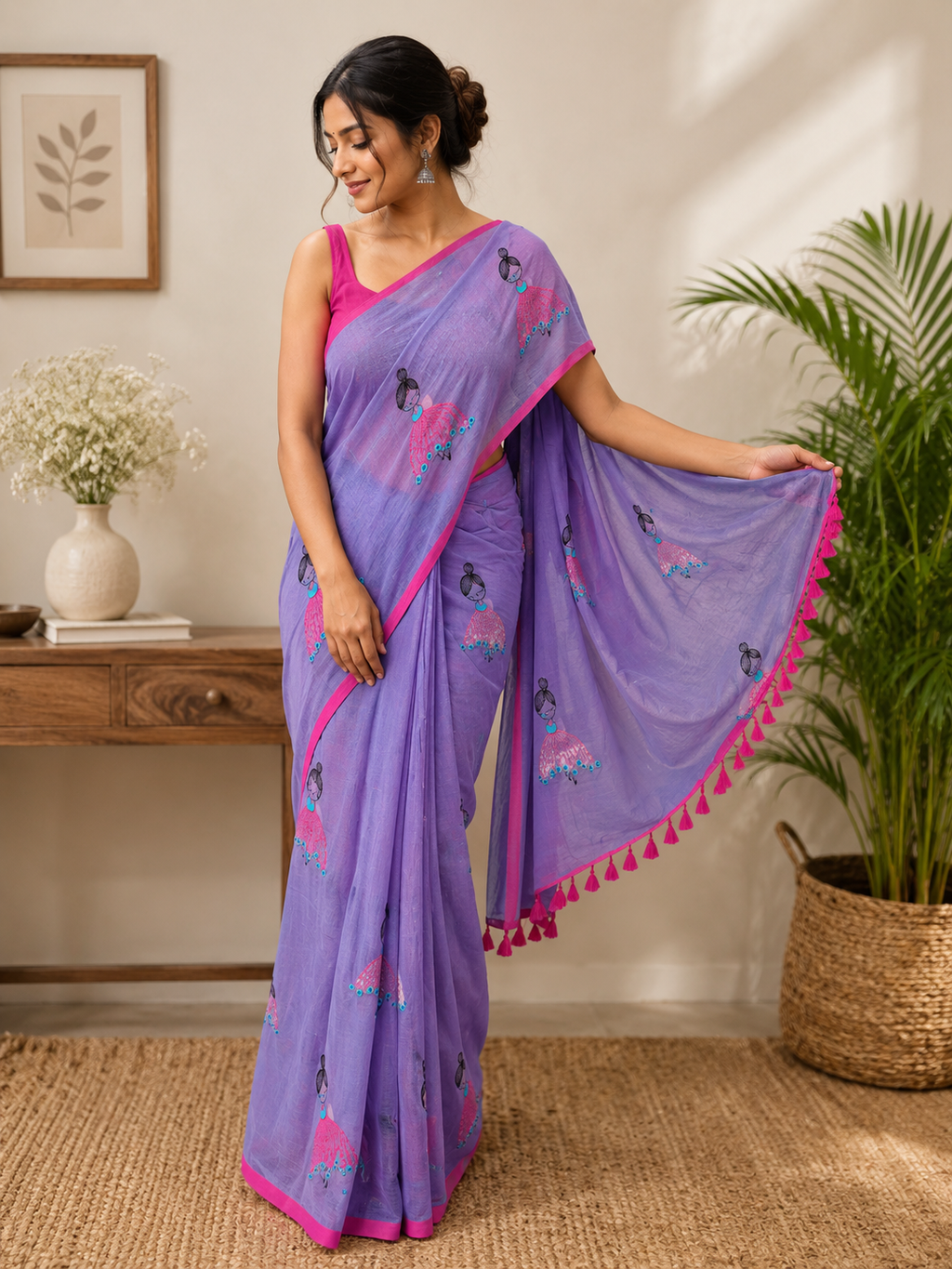 Violet Doll Embroidered Mulmul Saree