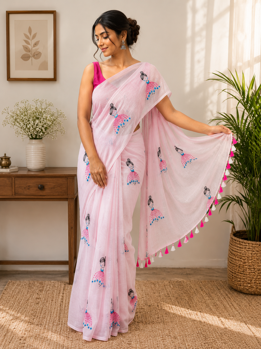 Baby Pink Doll Embroidered Mulmul Saree