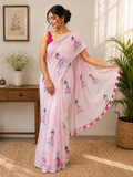 Baby Pink Doll Embroidered Mulmul Saree