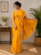 Orange Doll Embroidered Mulmul Saree