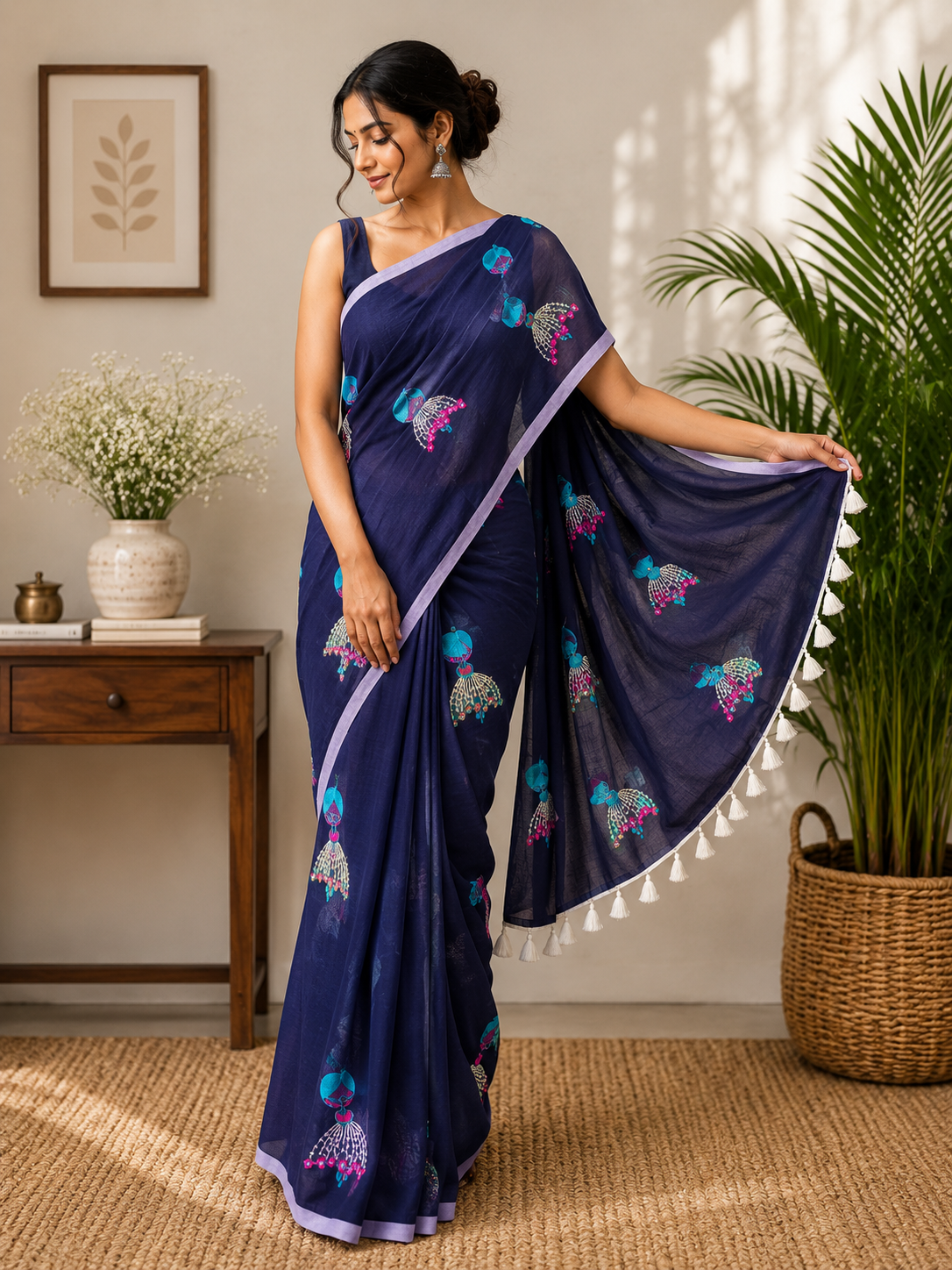 Navy Blue Doll Embroidered Mulmul Saree