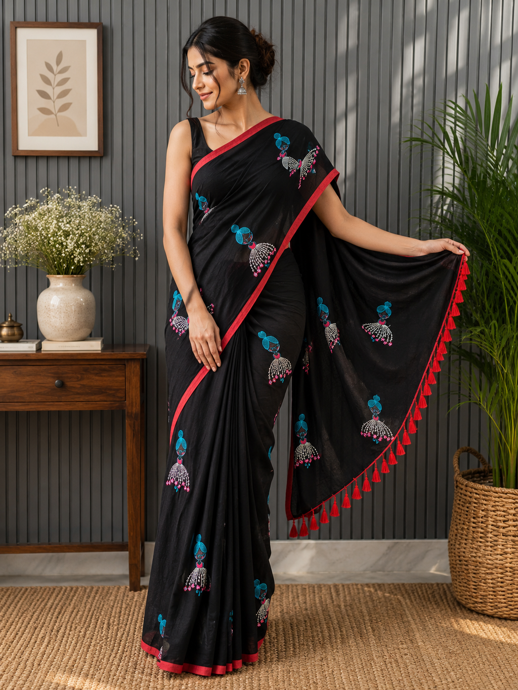 Black Doll Embroidered Mulmul Saree