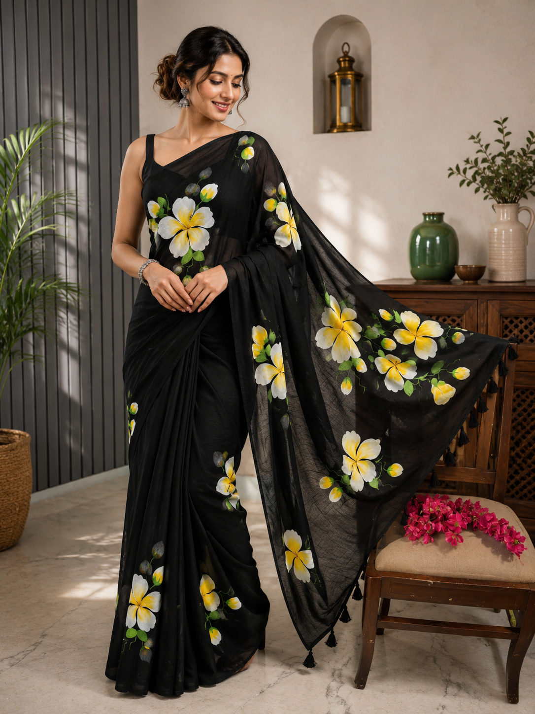 Black Hibiscus Mulmul Saree