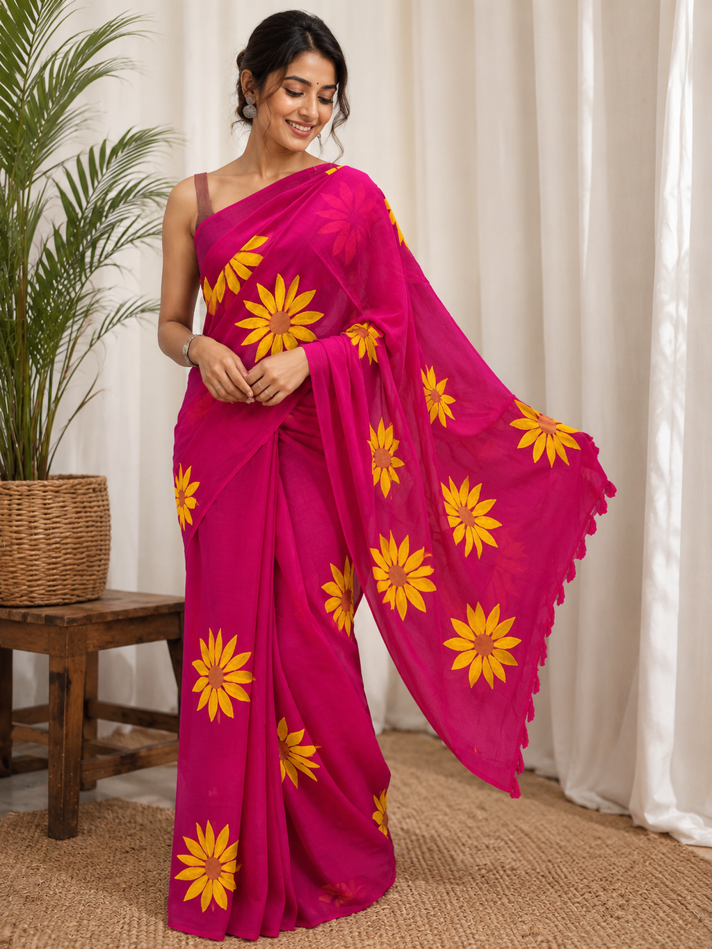 Naira | Magenta Sunflower Mulmul Saree