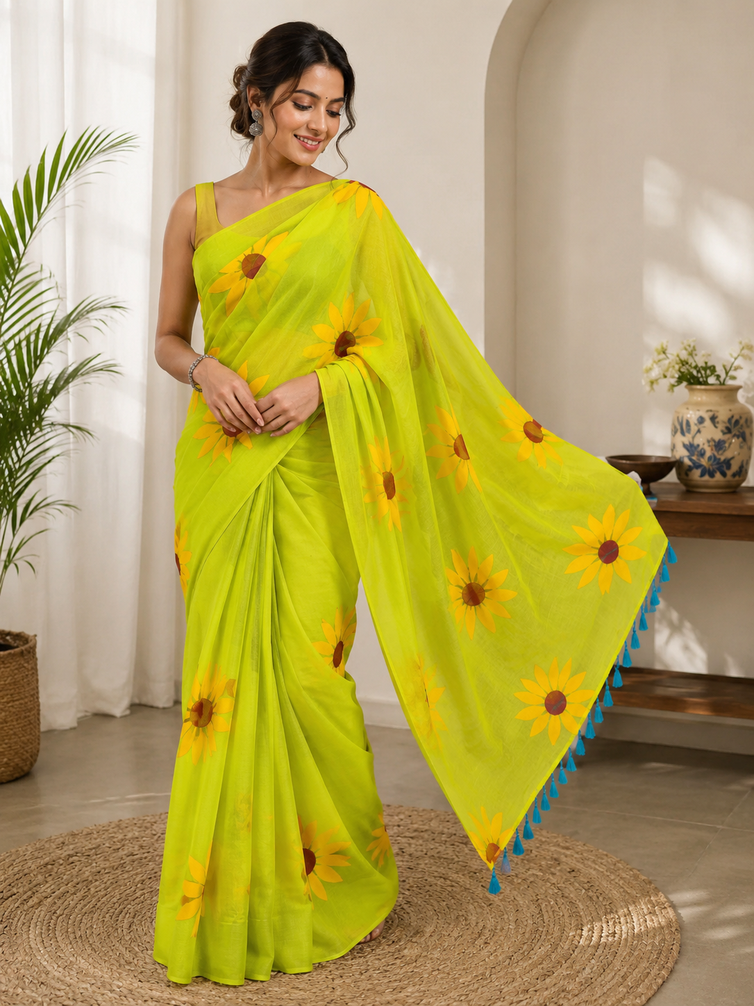 Neon Green Sunflower Mulmul Saree