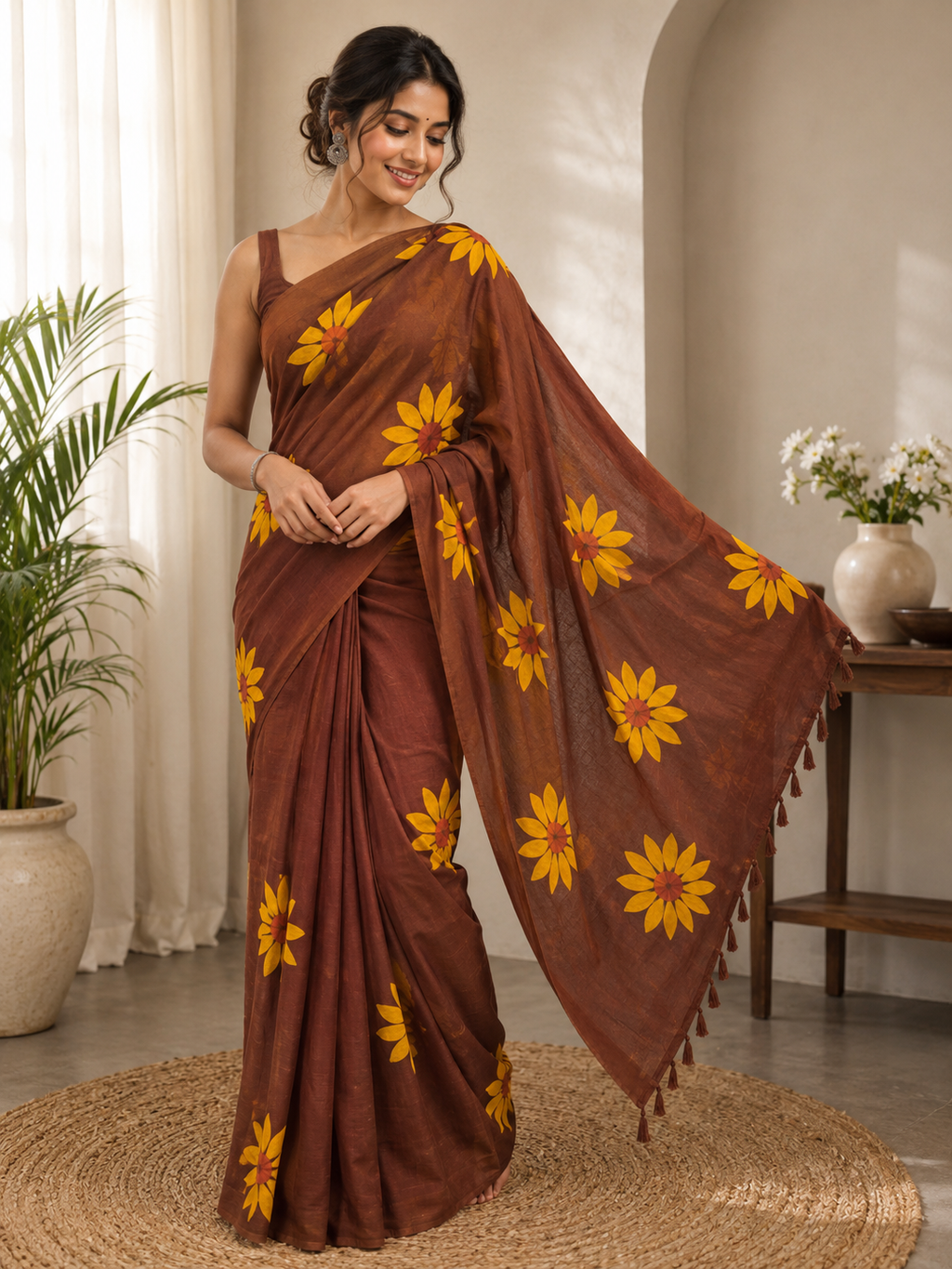 Brown Sunflower Mulmul Saree