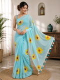 Sky Blue Sunflower Mulmul Saree