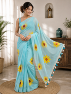 Sky Blue Sunflower Mulmul Saree