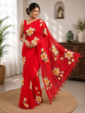 Red Hibiscus Mulmul Saree