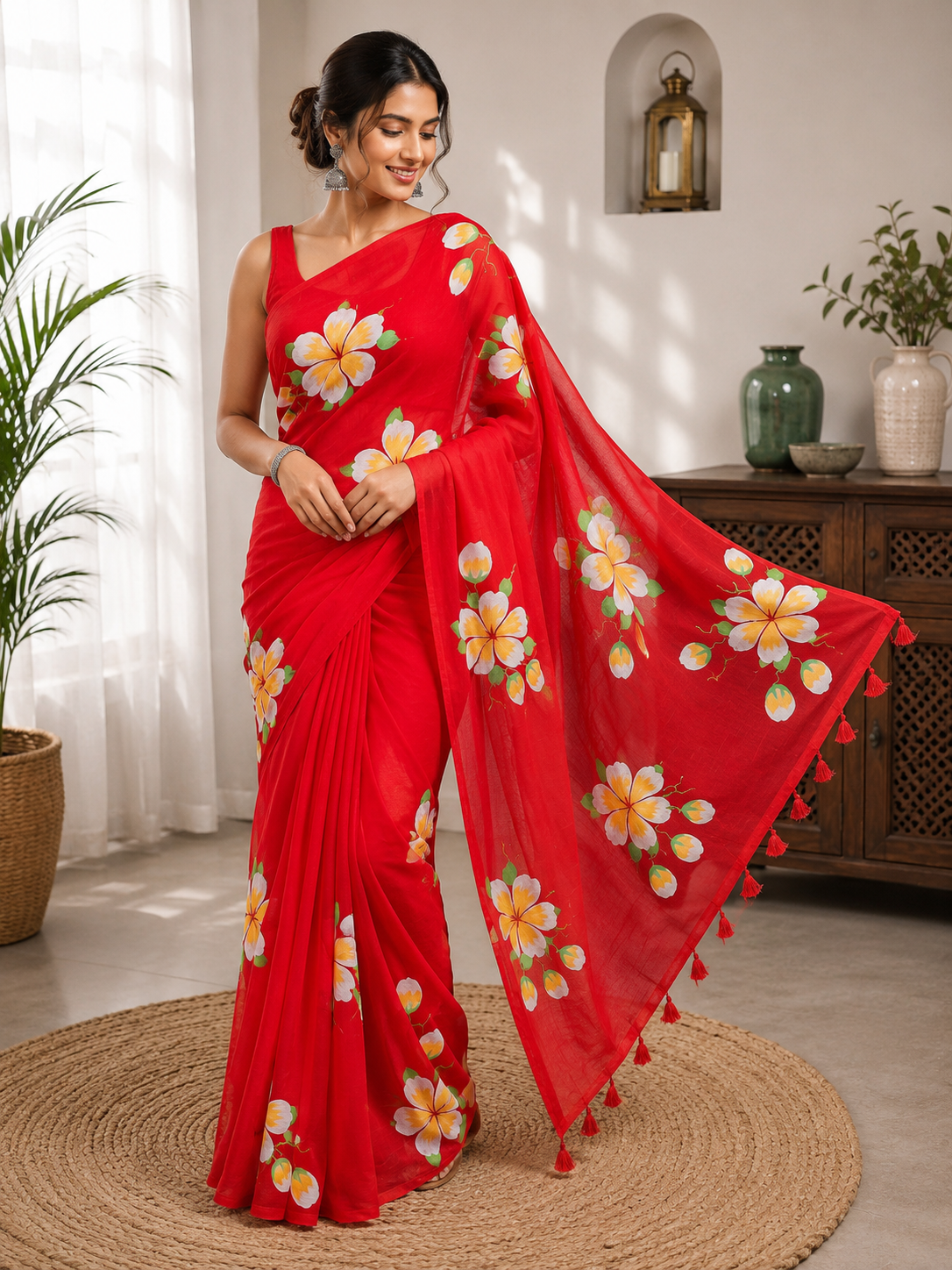 Red Hibiscus Mulmul Saree