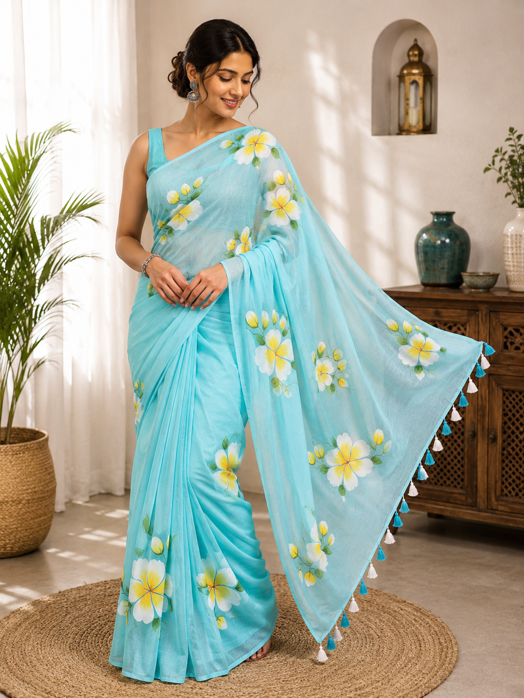 Sky Blue Hibiscus Mulmul Saree
