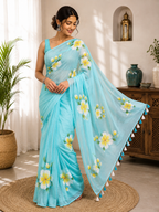 Sky Blue Hibiscus Mulmul Saree