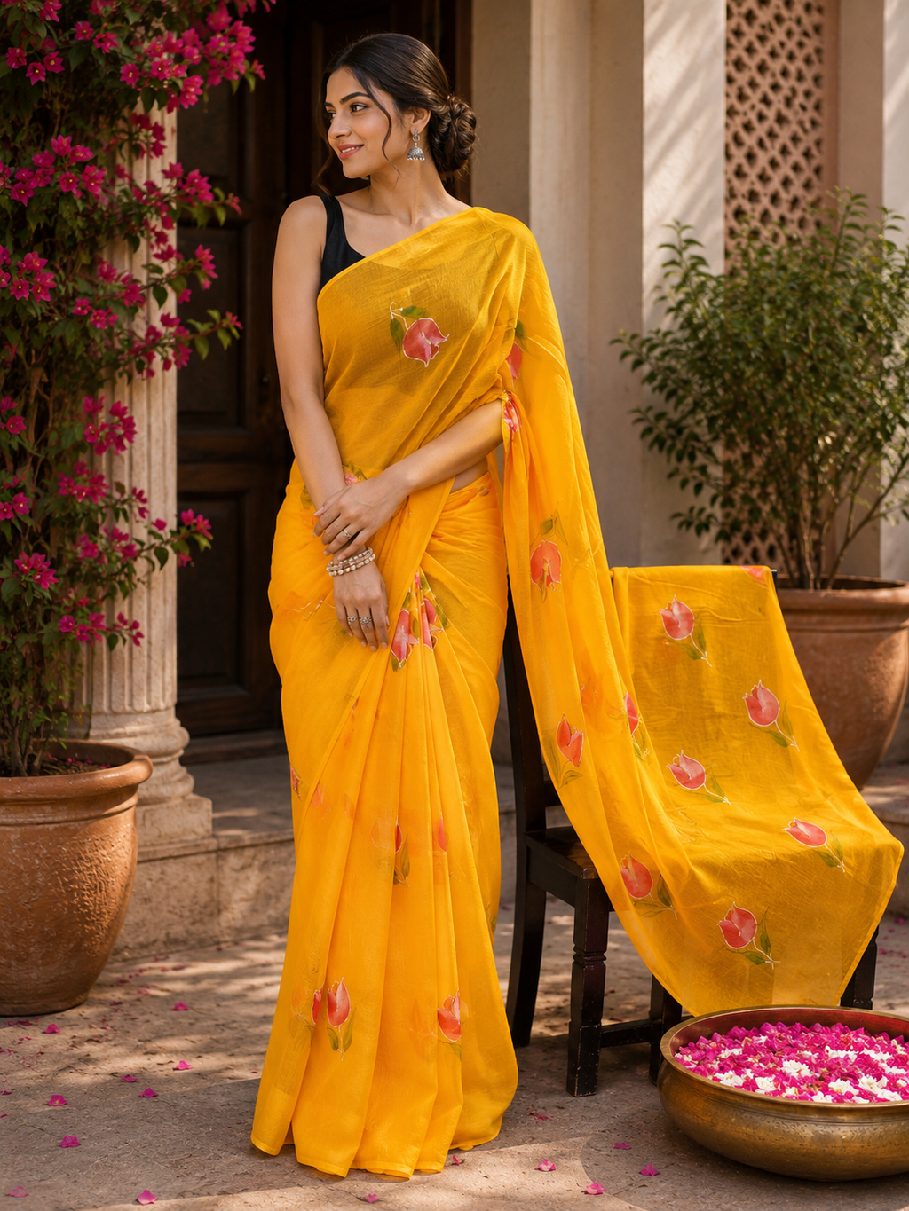 Orange Tulip Mulmul Saree