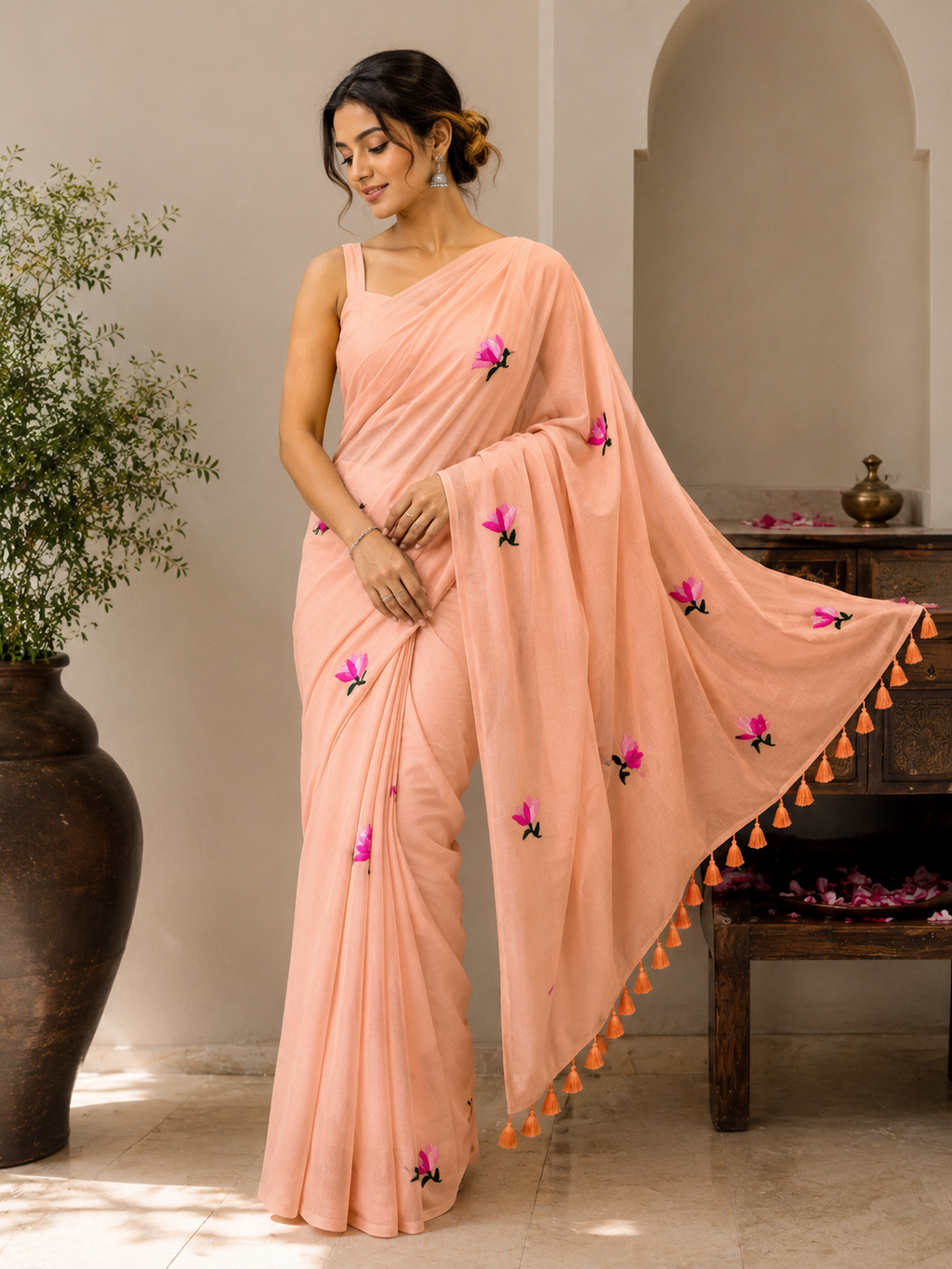 Peach Lotus Mulmul Saree