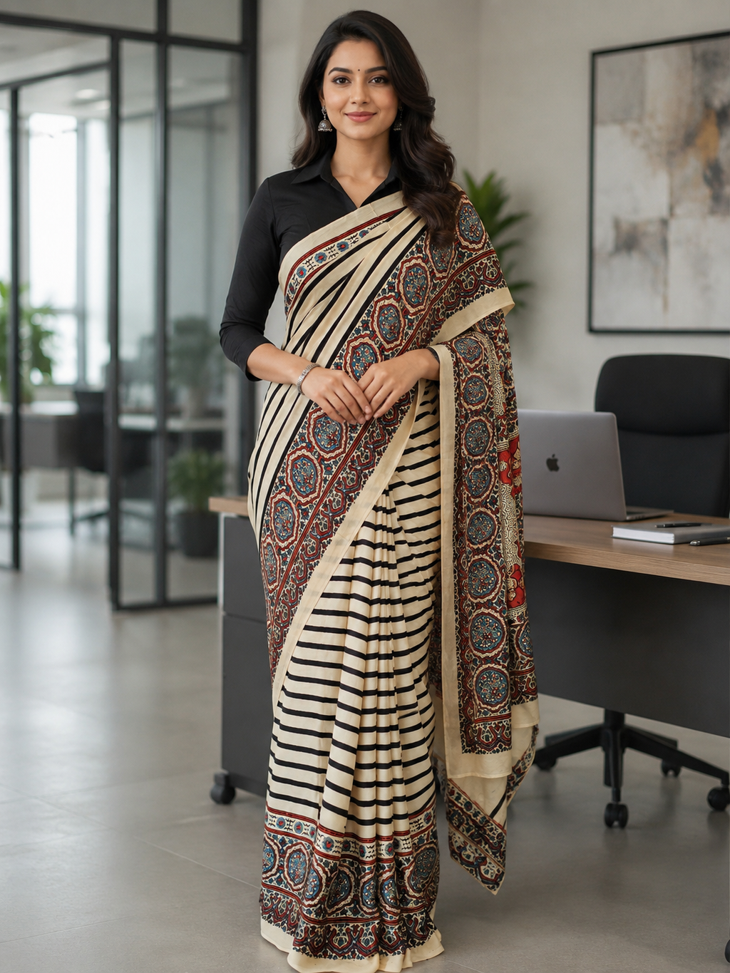 Ivory Stripes Ajrakh Modal Silk Saree