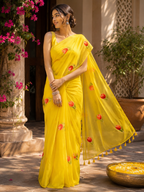 Mango Yellow Tulip Mulmul Saree
