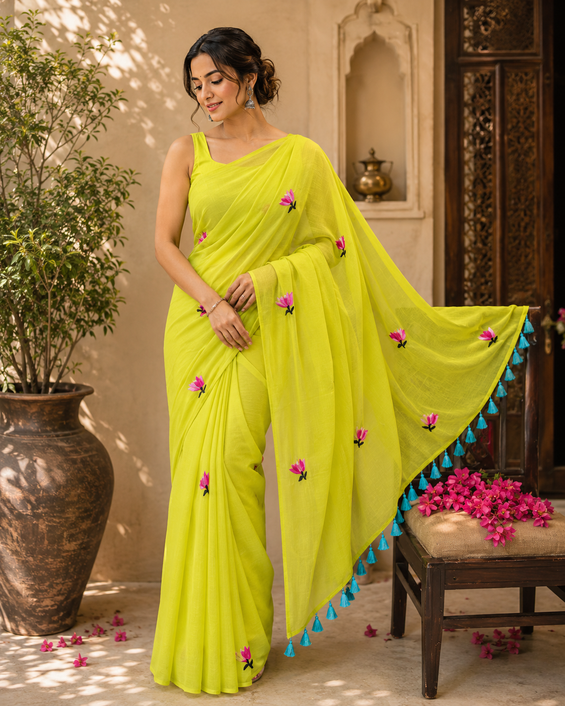 Neon Green Lotus Mulmul Saree