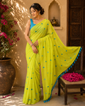 Neon Green Heart Embroidered Mulmul Saree