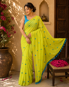 Neon Green Heart Embroidered Mulmul Saree