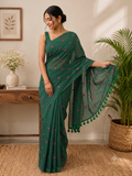 Sea Green Heart Embroidered Mulmul Saree