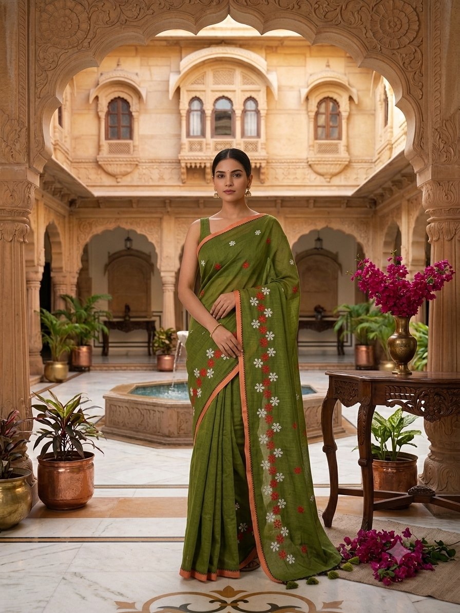 Olive Green Soft Cotton Embroidery Saree