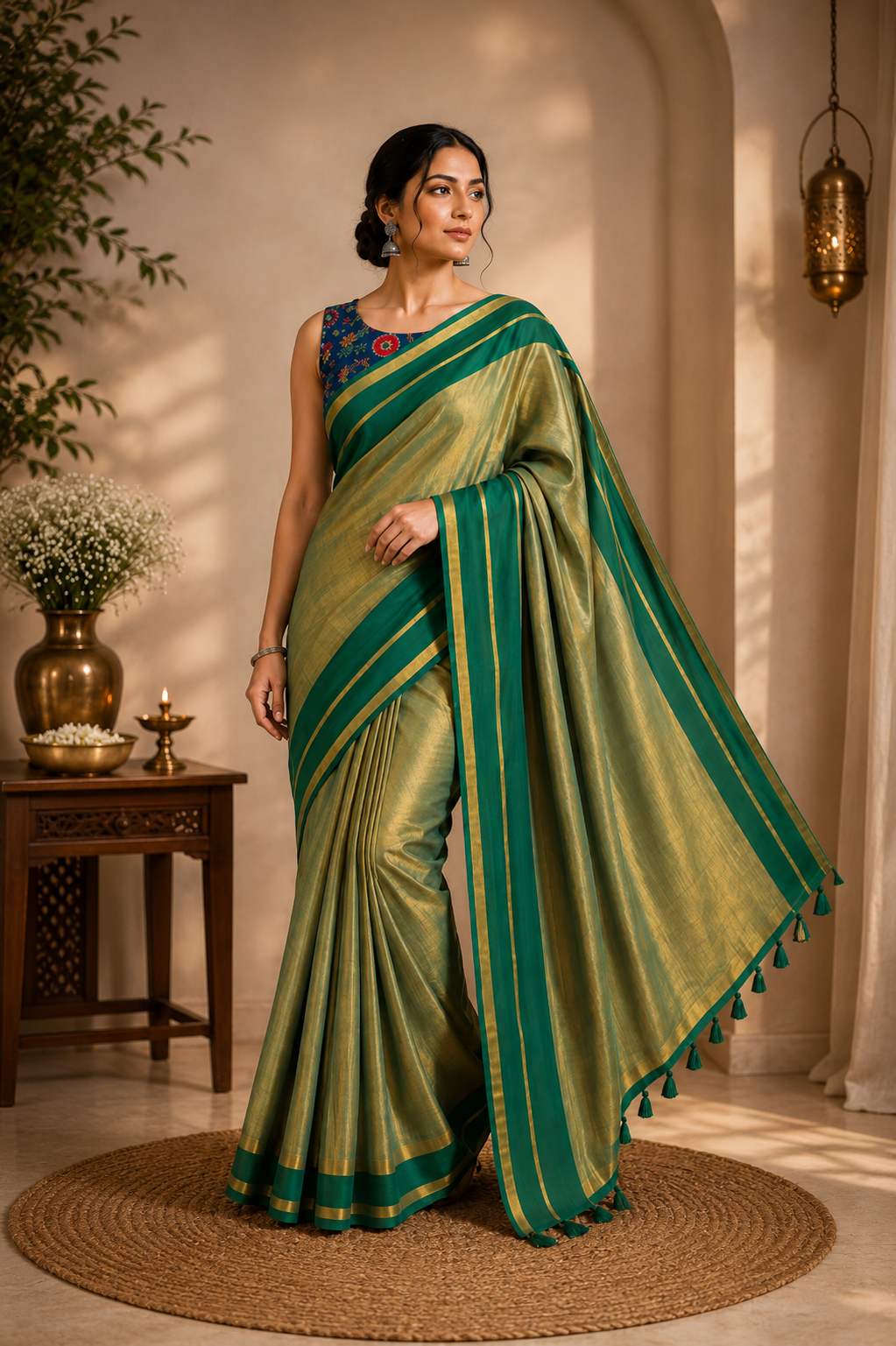 Golden Green Sarara Tissue Saree