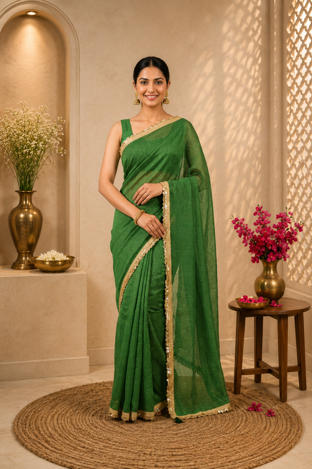 Forest Green Sitara Mulmul Saree