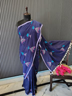 Navy Blue Doll Embroidered Mulmul Saree