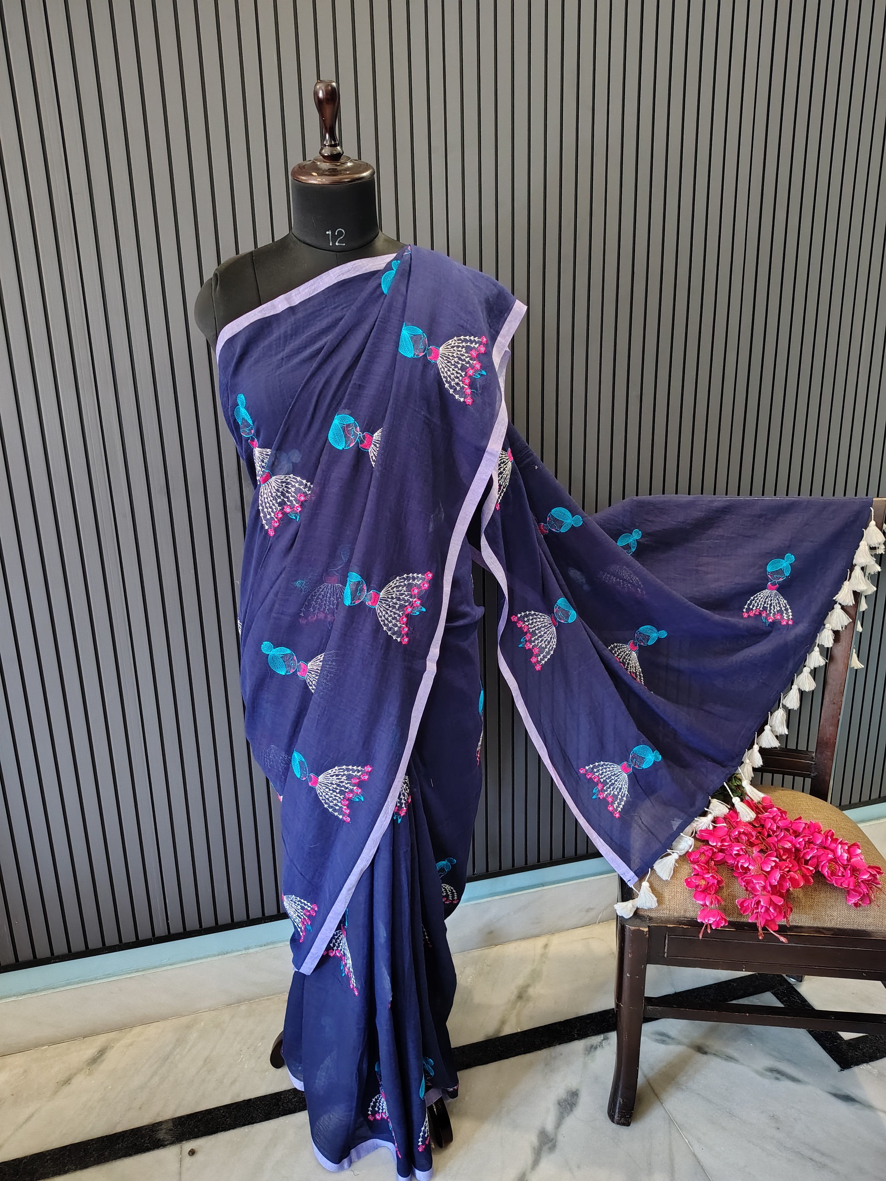 Navy Blue Doll Embroidered Mulmul Saree