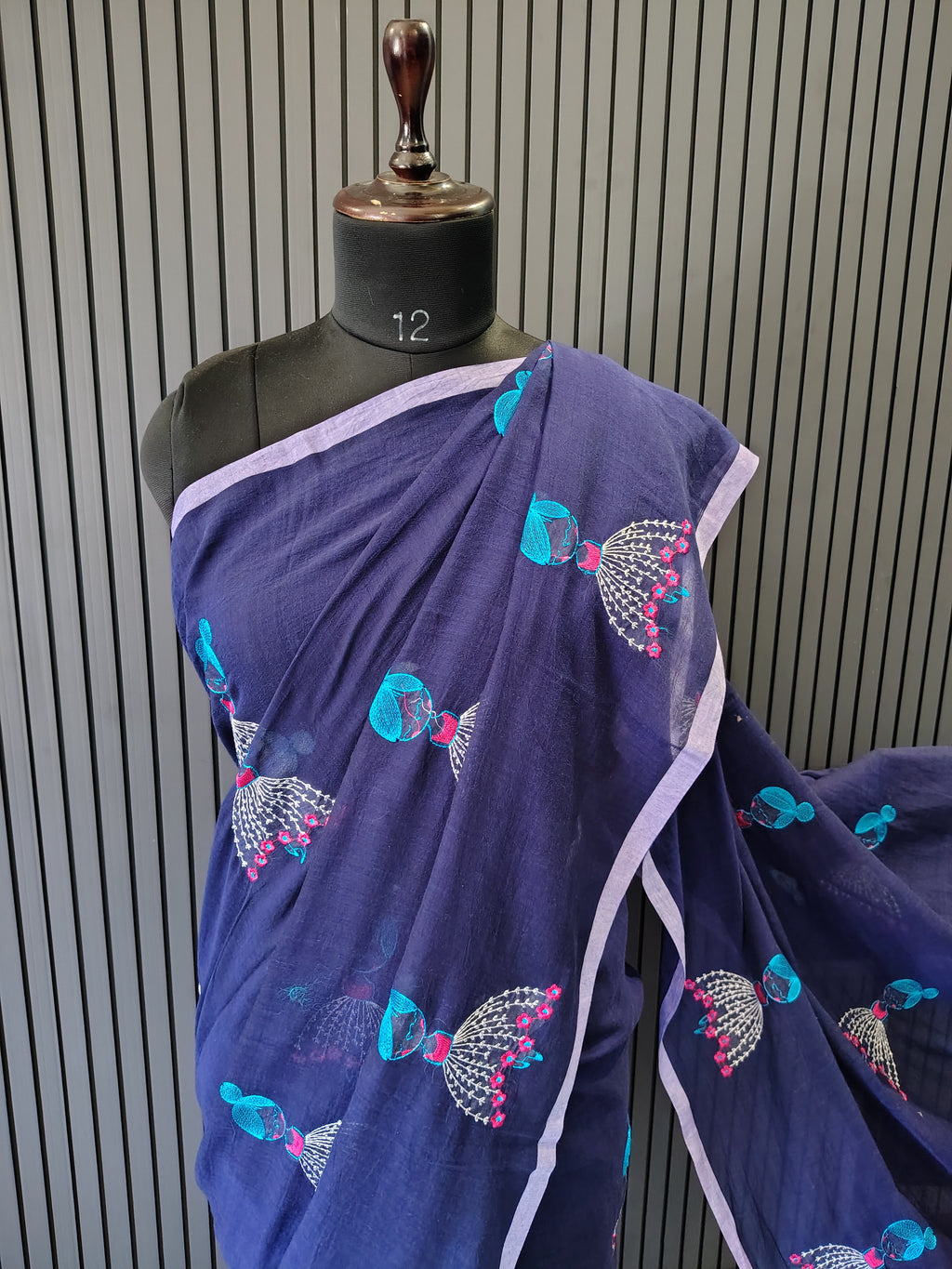 Navy Blue Doll Embroidered Mulmul Saree