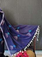 Navy Blue Doll Embroidered Mulmul Saree