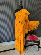 Orange Doll Embroidered Mulmul Saree