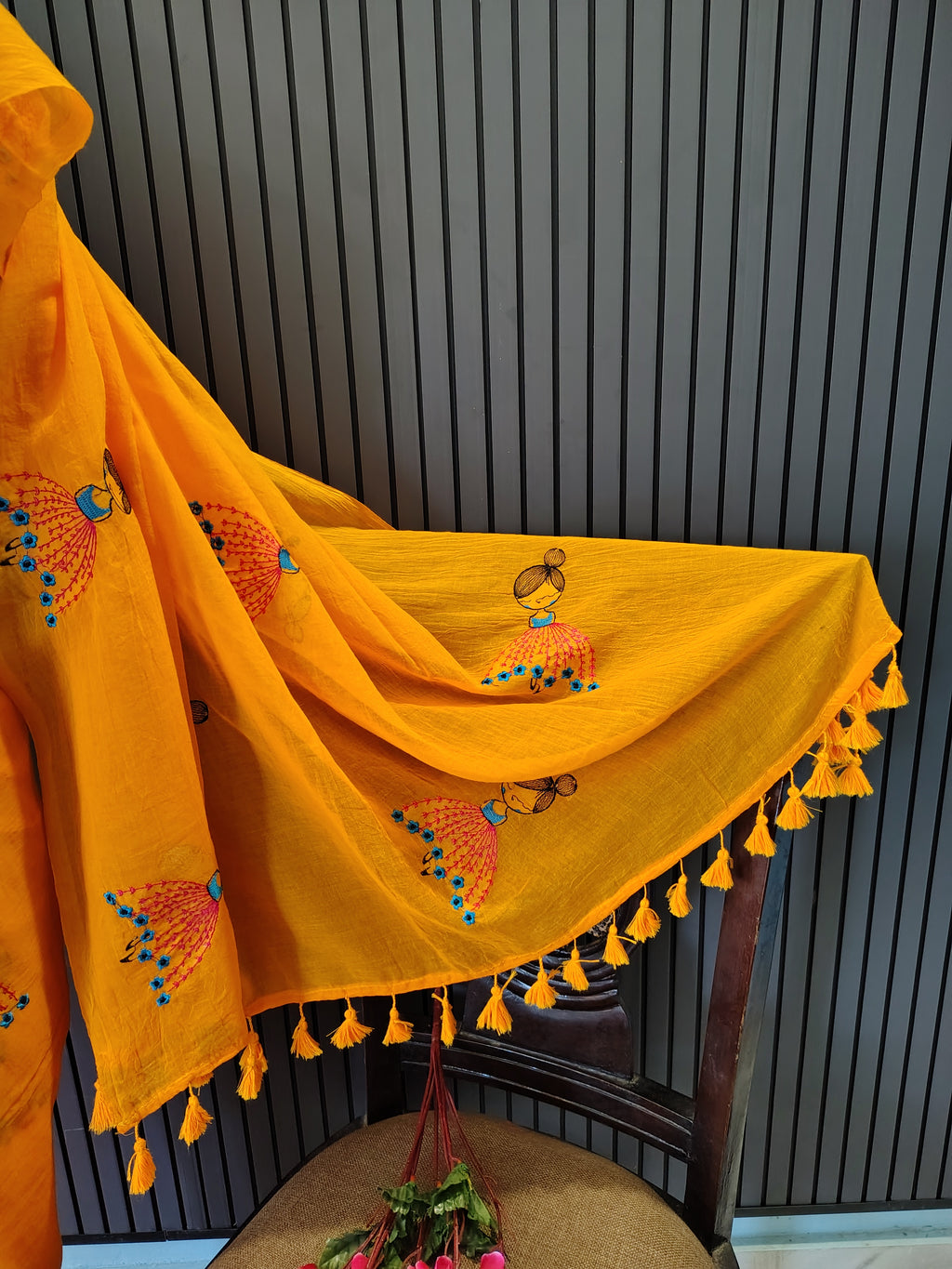 Orange Doll Embroidered Mulmul Saree