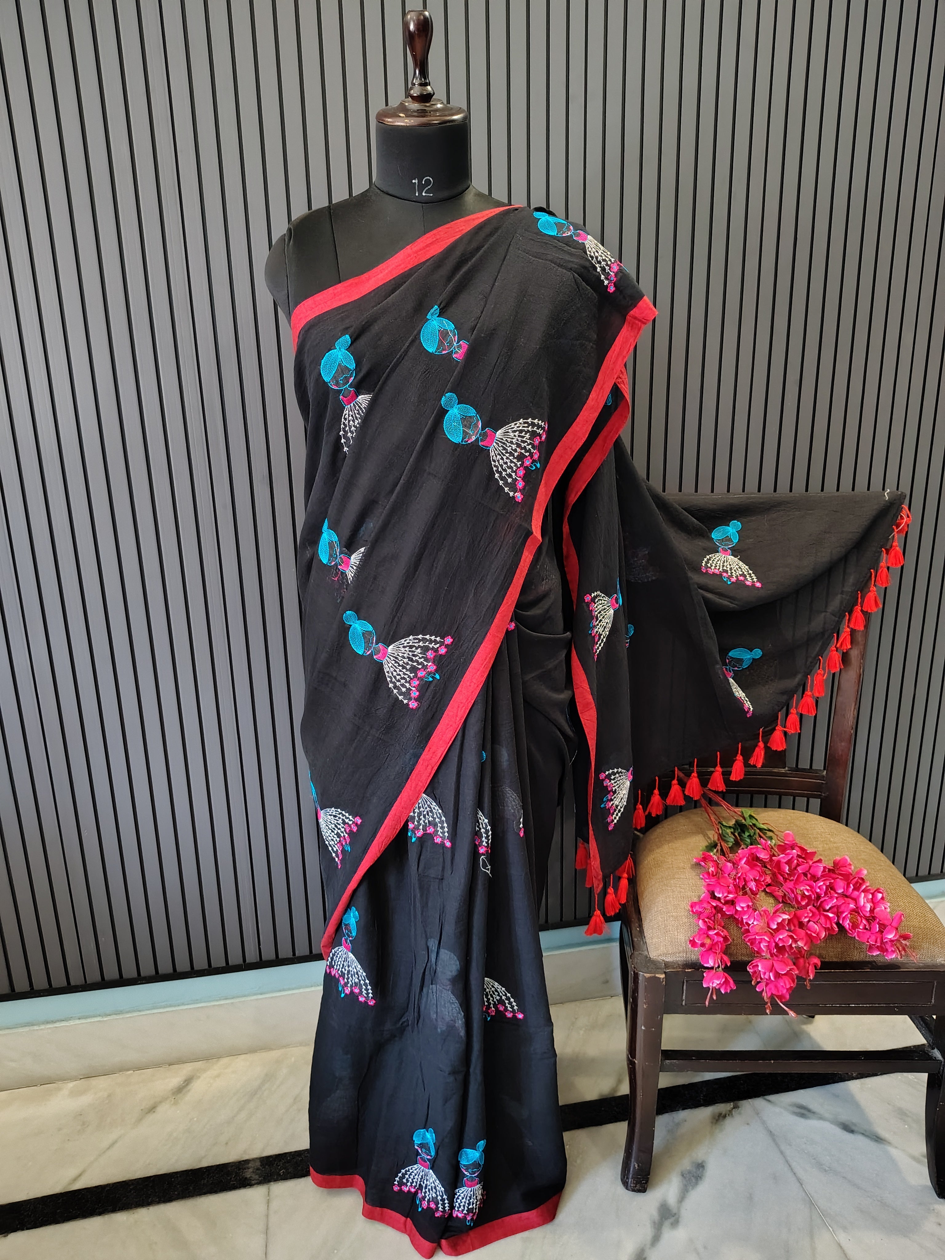 Black Doll Embroidered Mulmul Saree