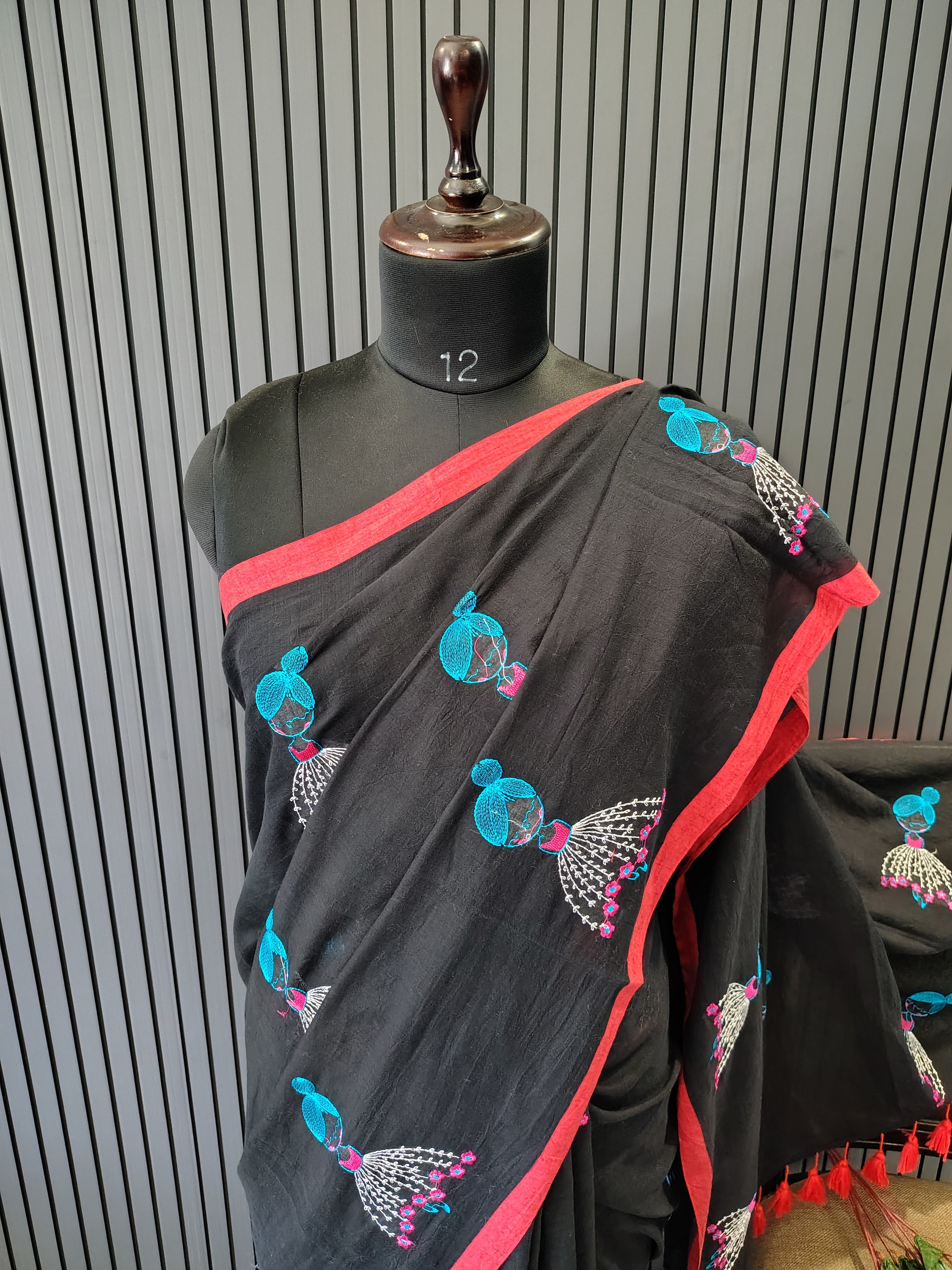 Black Doll Embroidered Mulmul Saree