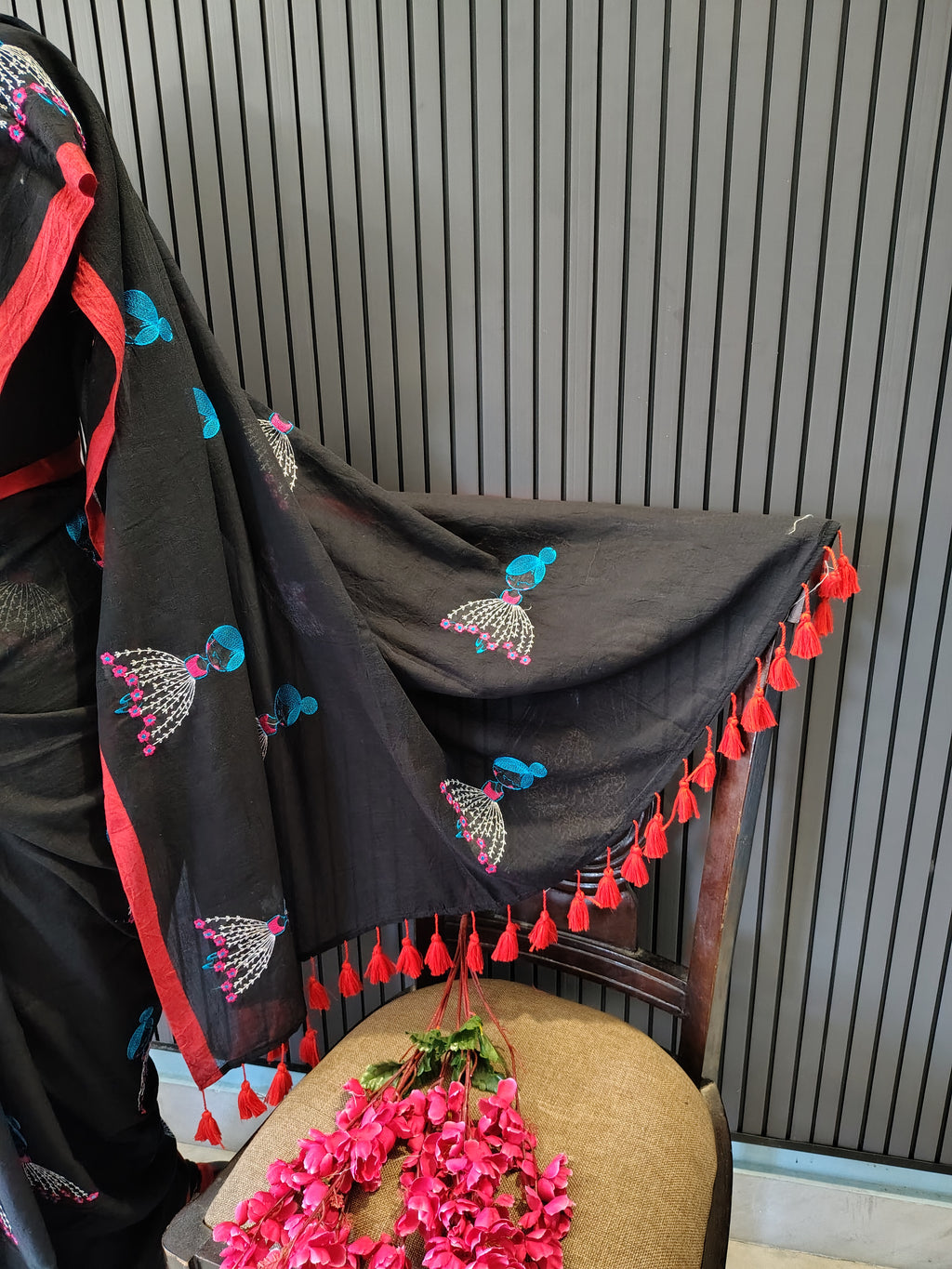 Black Doll Embroidered Mulmul Saree