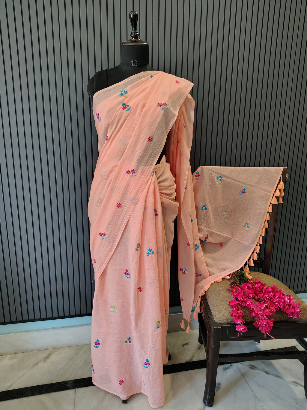 Peach Multiflower Embroidery Mulmul Saree