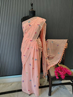 Peach Multiflower Embroidery Mulmul Saree