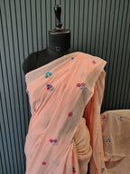 Peach Multiflower Embroidery Mulmul Saree