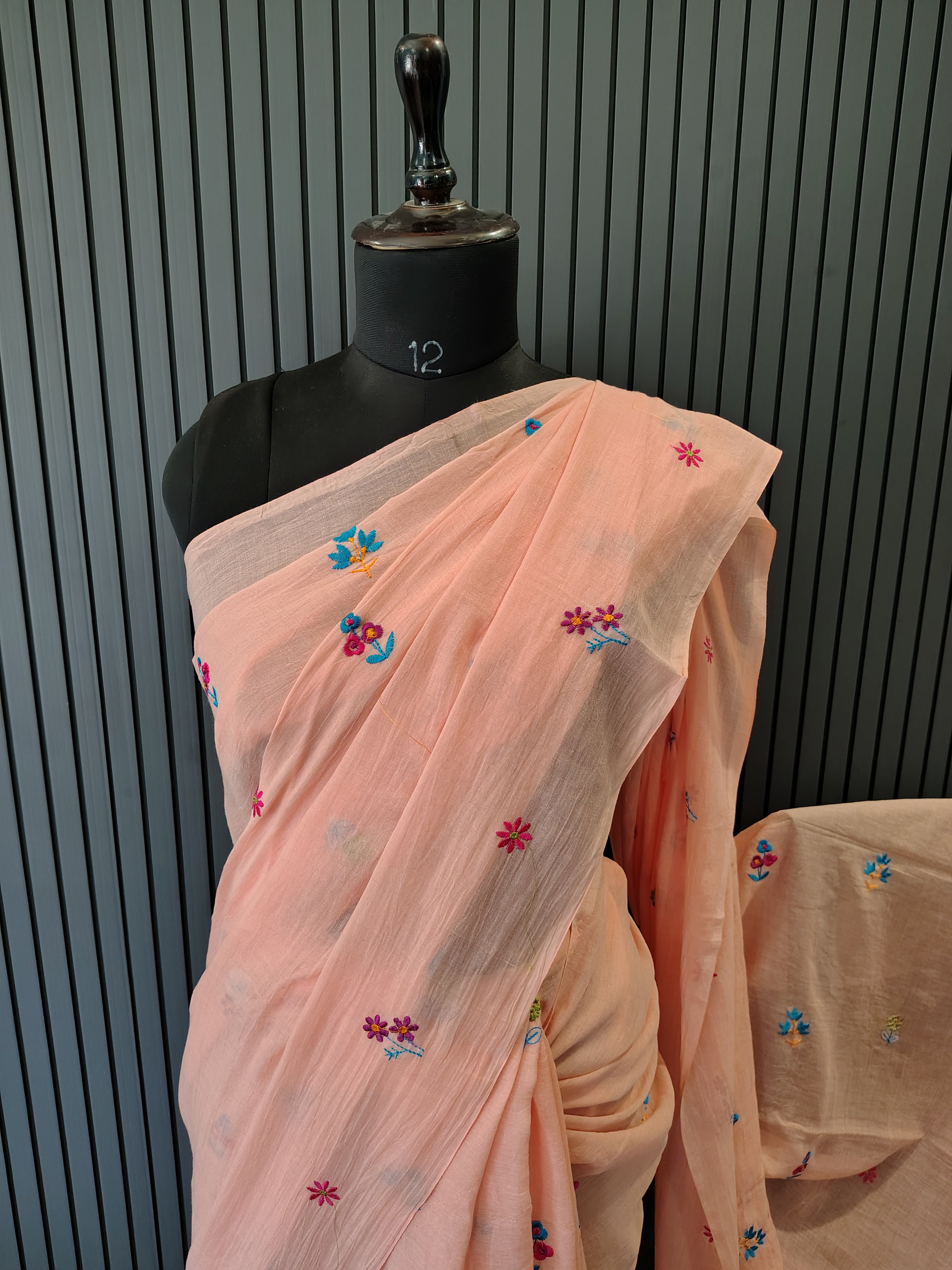 Peach Multiflower Embroidery Mulmul Saree
