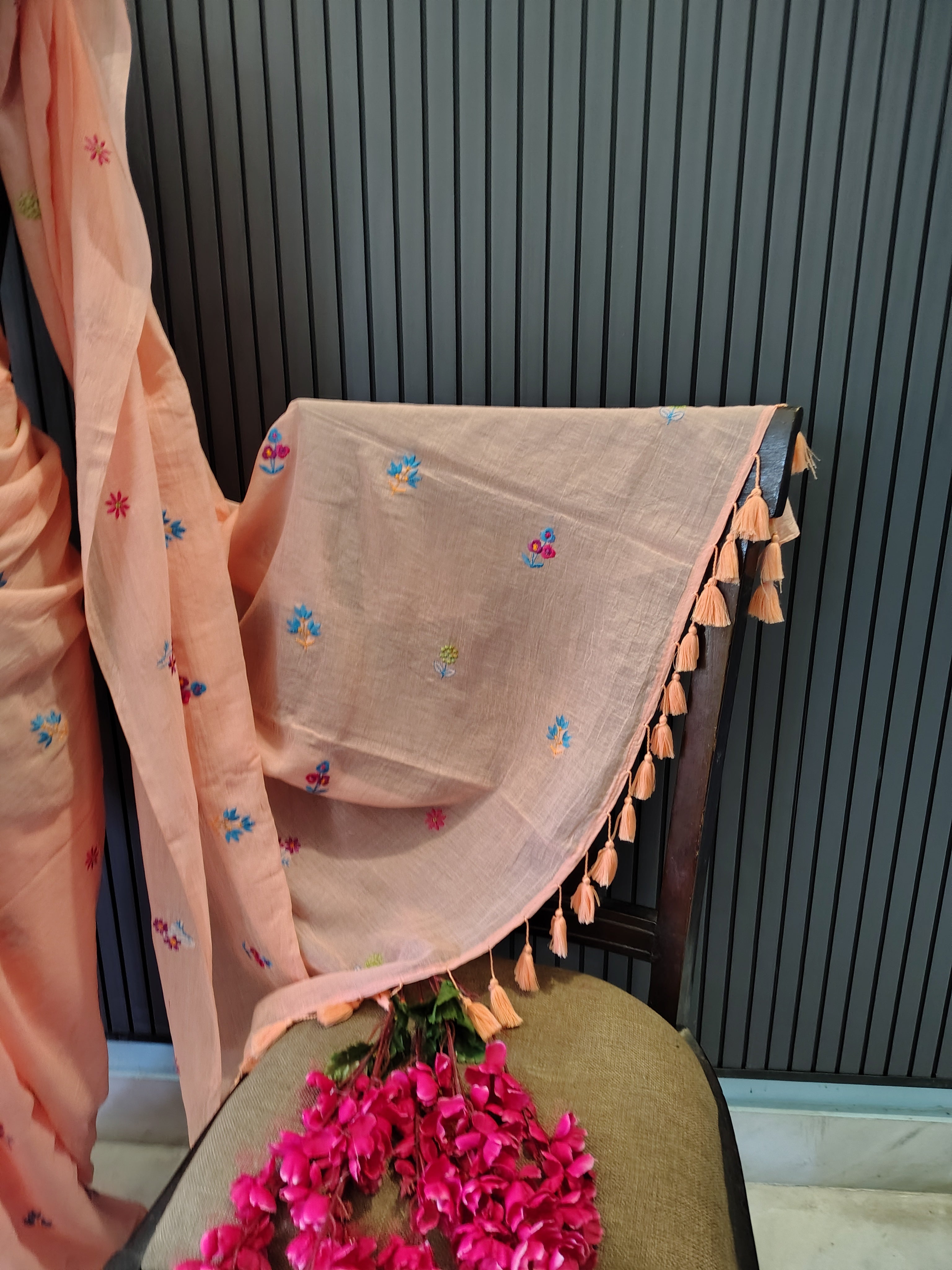 Peach Multiflower Embroidery Mulmul Saree